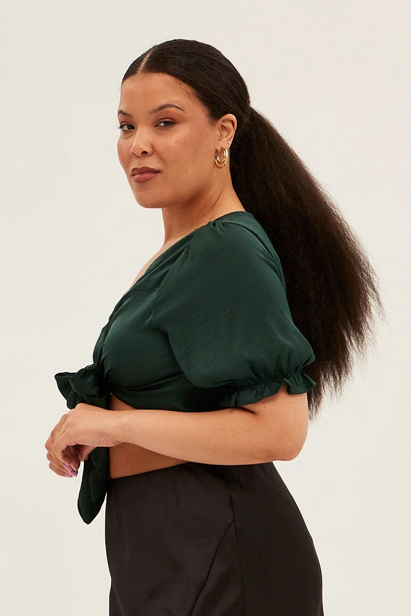 Green Satin Tie Front Short Sleeve Bolero Top - Image 4