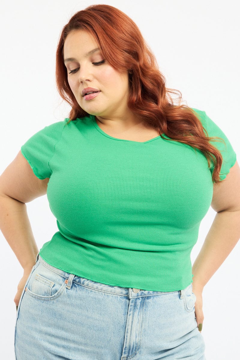 Green Scoop Neck Short Sleeve Crop T- Shirt