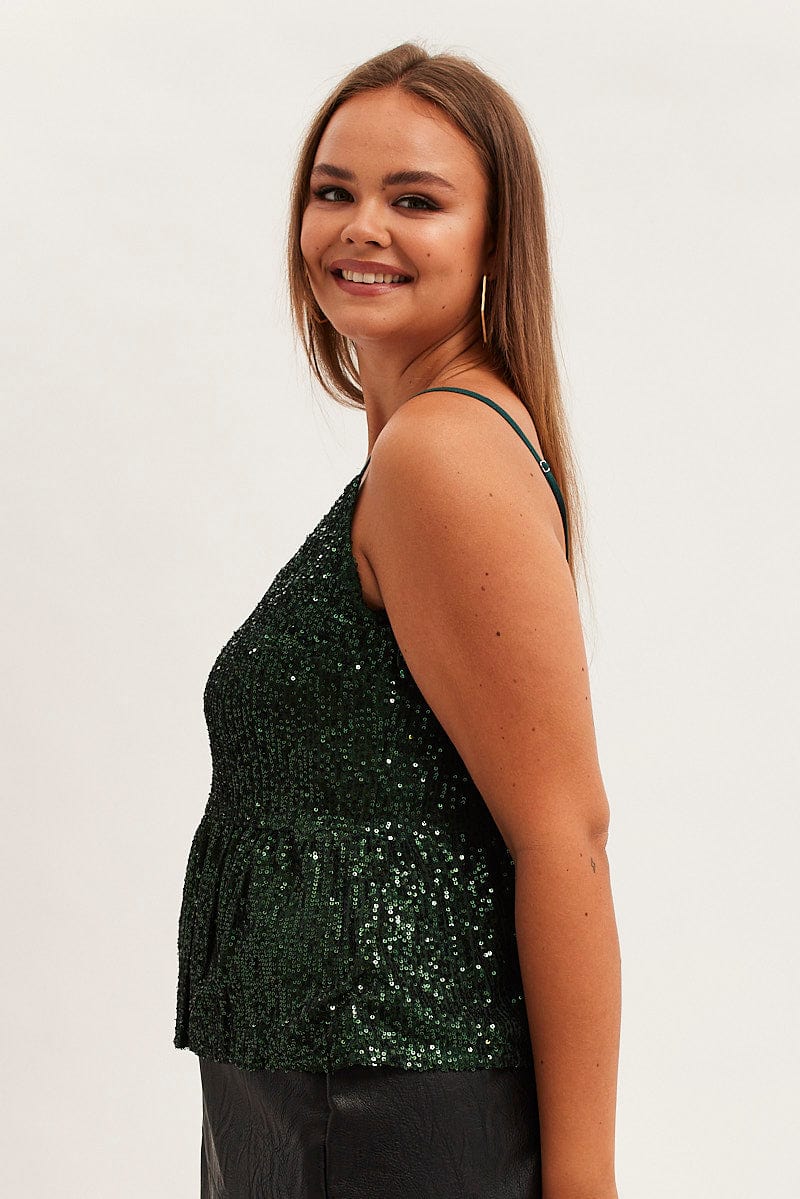 Green Sequin Camisole Top Shoestring Strap Peplum - Image 4