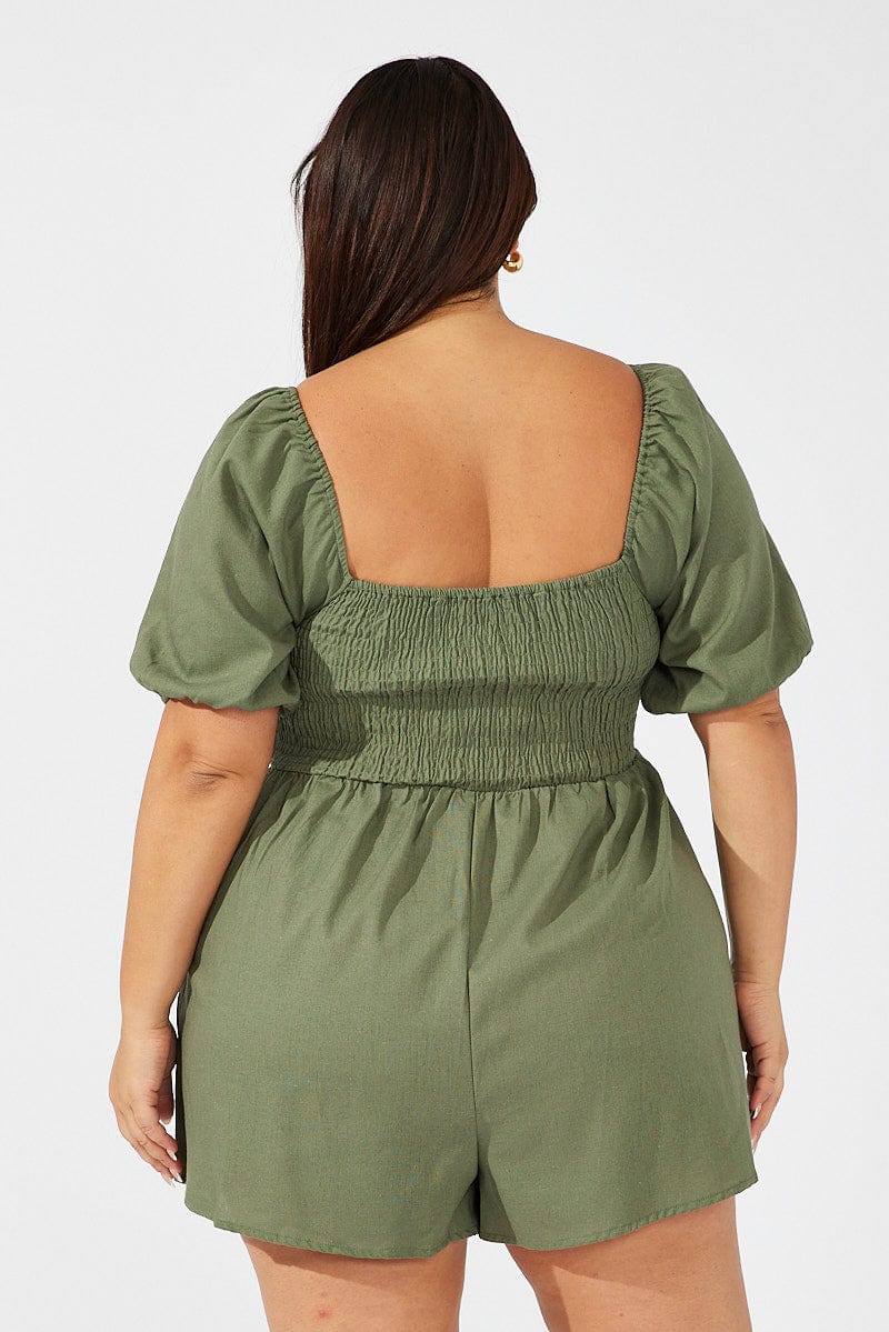 Green Shirred Bodice Playsuit Puff Sleeves - Image 5