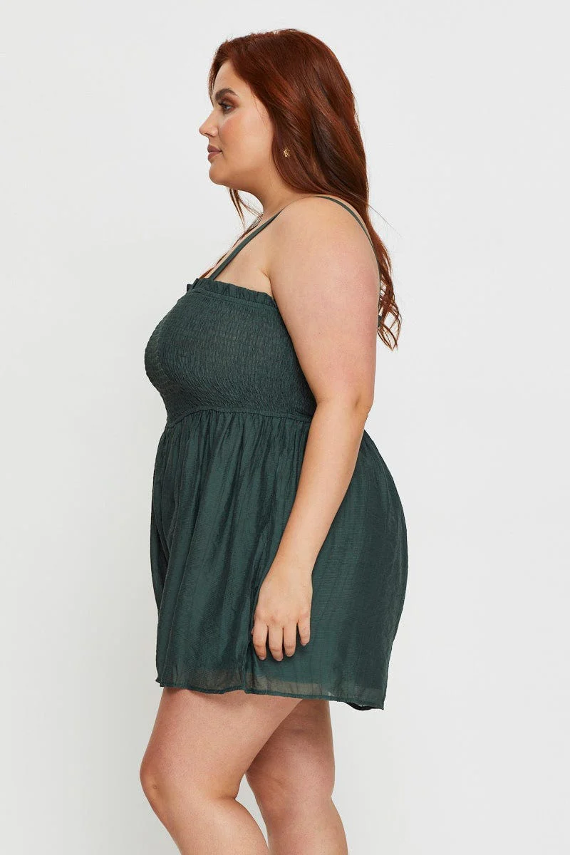 Green Shirred Playsuit Square Neck Sleeveless - Image 3
