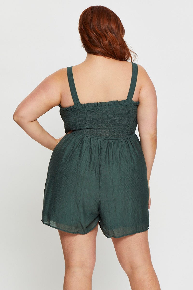 Green Shirred Playsuit Square Neck Sleeveless - Image 4