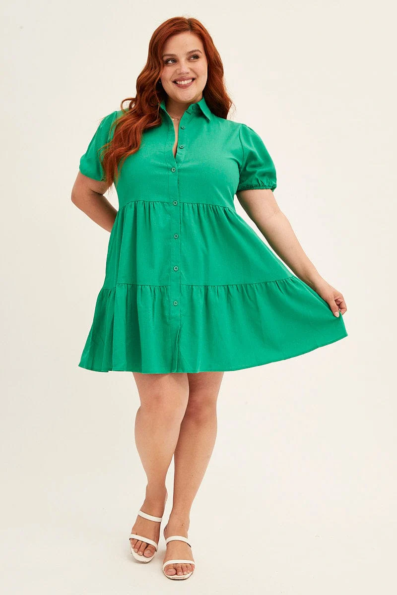 Green Shirt Dress Puff Sleeve Button - Image 2