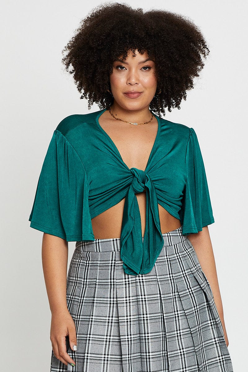 Green Short Flare Sleeve Front Tie Crop Top - Image 3