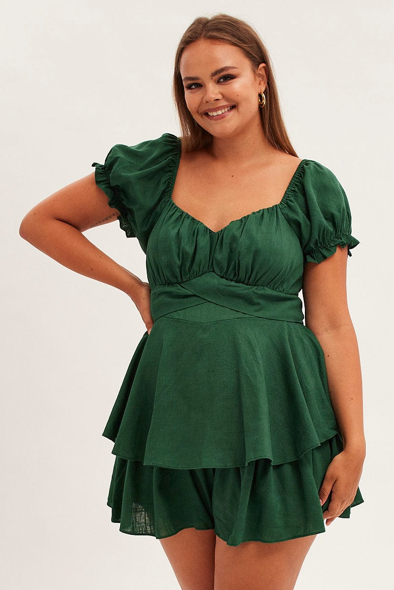 Green Short Playsuit Puff Sleeve Linen Blend