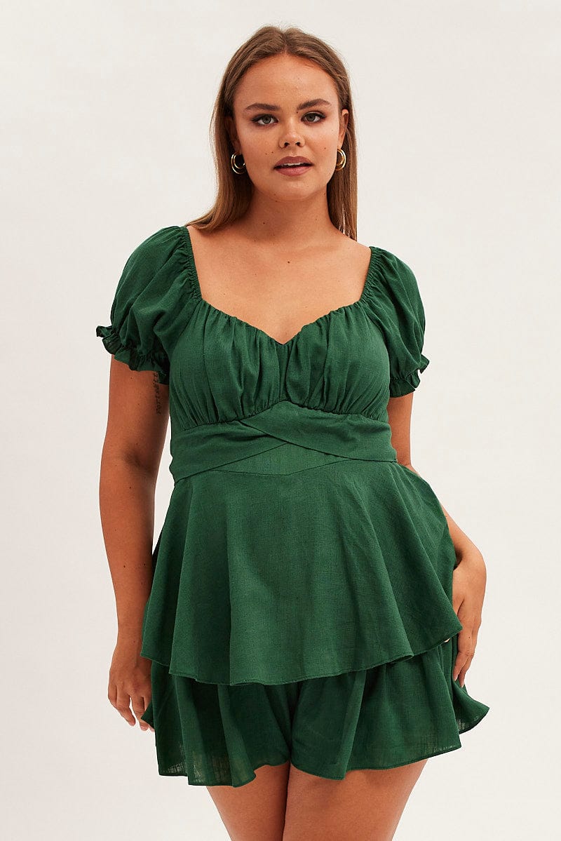 Green Short Playsuit Puff Sleeve Linen Blend - Image 3