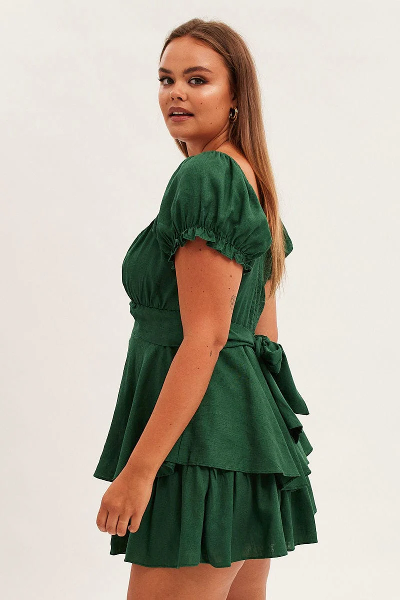 Green Short Playsuit Puff Sleeve Linen Blend - Image 4