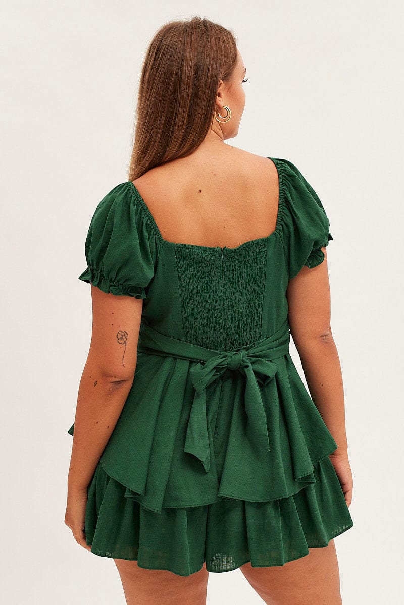 Green Short Playsuit Puff Sleeve Linen Blend - Image 5