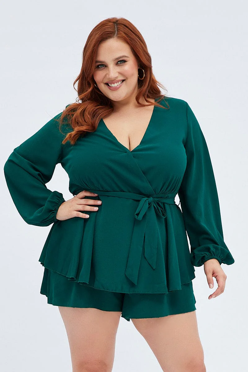 Green Short Playsuit Textured Crepe Long Sleeve Waist