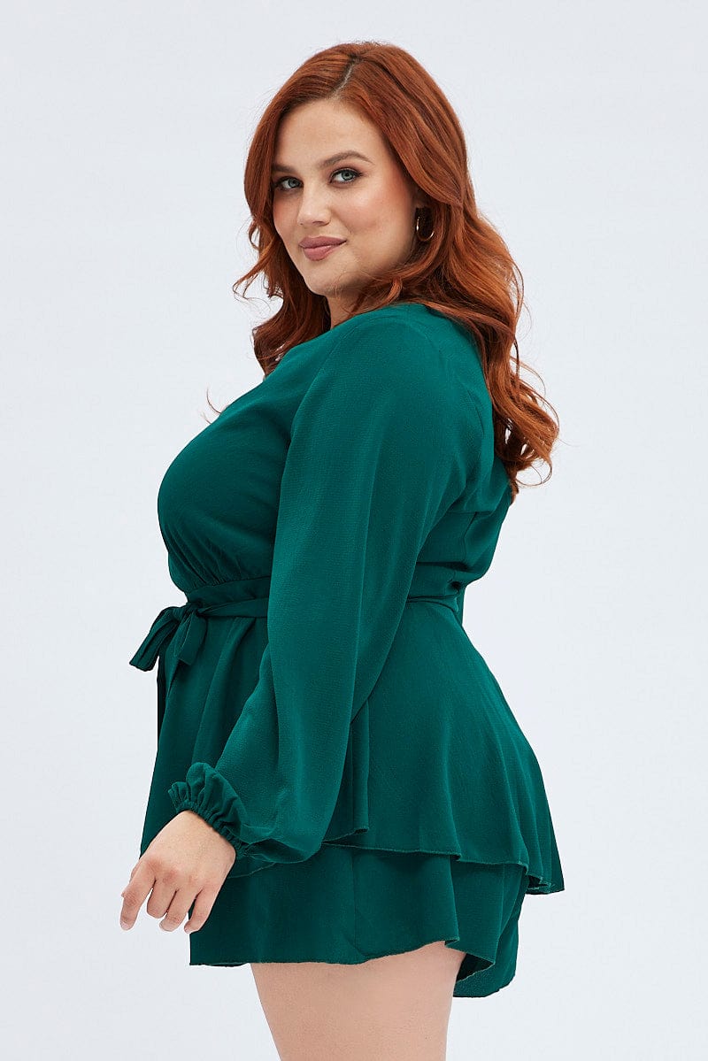 Green Short Playsuit Textured Crepe Long Sleeve Waist - Image 4
