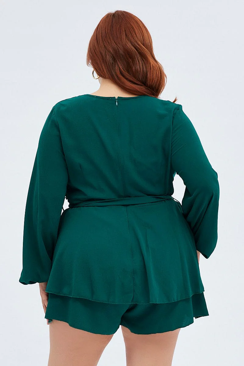 Green Short Playsuit Textured Crepe Long Sleeve Waist - Image 5