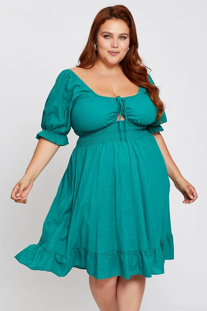 Green Short Puff Sleeve Peephole Skater Dress - Image 2