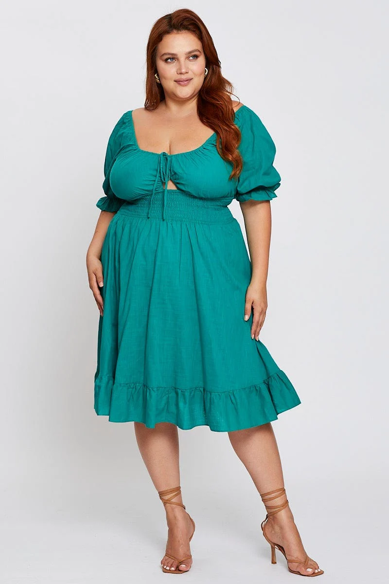 Green Short Puff Sleeve Peephole Skater Dress - Image 3