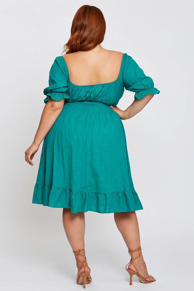 Green Short Puff Sleeve Peephole Skater Dress - Image 5
