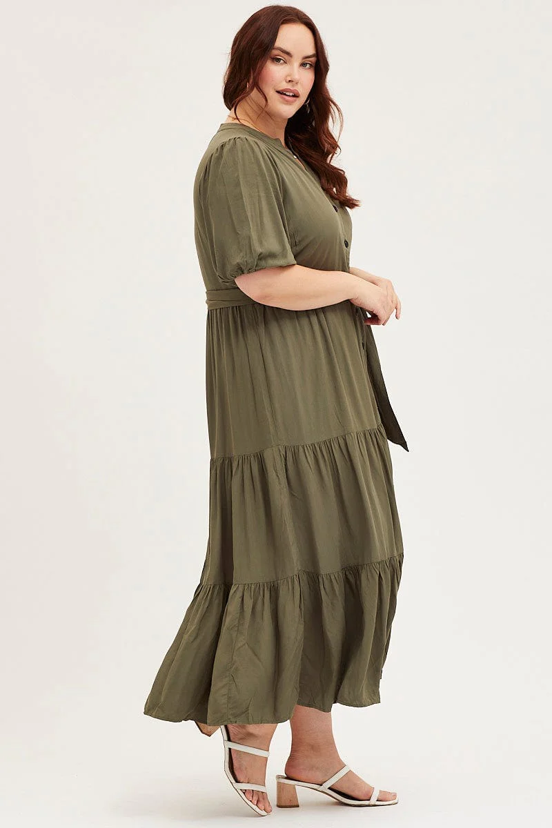 Green Short Sleeve Black Collared Button Midi Dress - Image 4