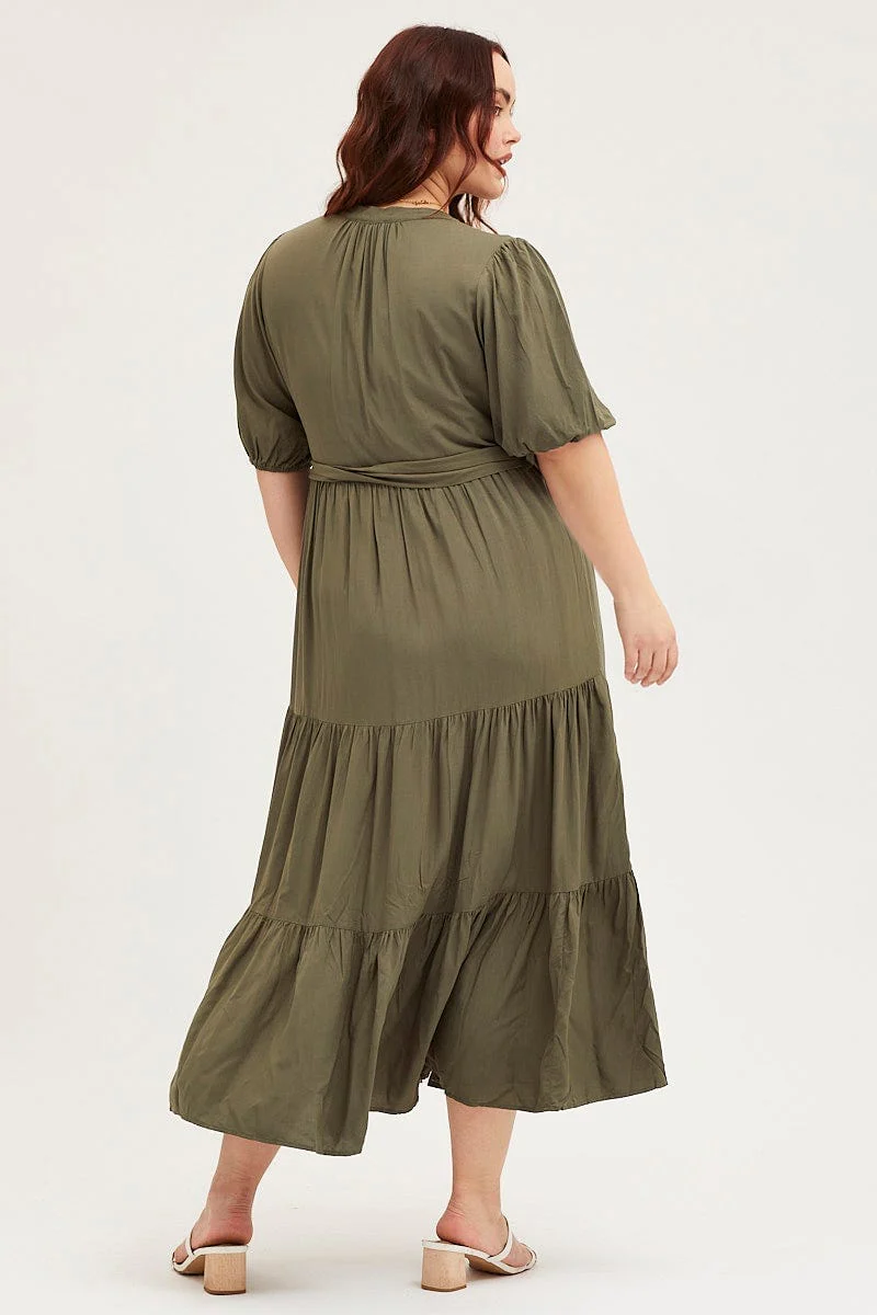 Green Short Sleeve Black Collared Button Midi Dress - Image 5