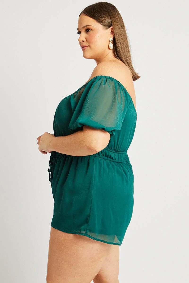 Green Short Sleeve Chiffon Double Tie Playsuit - Image 4