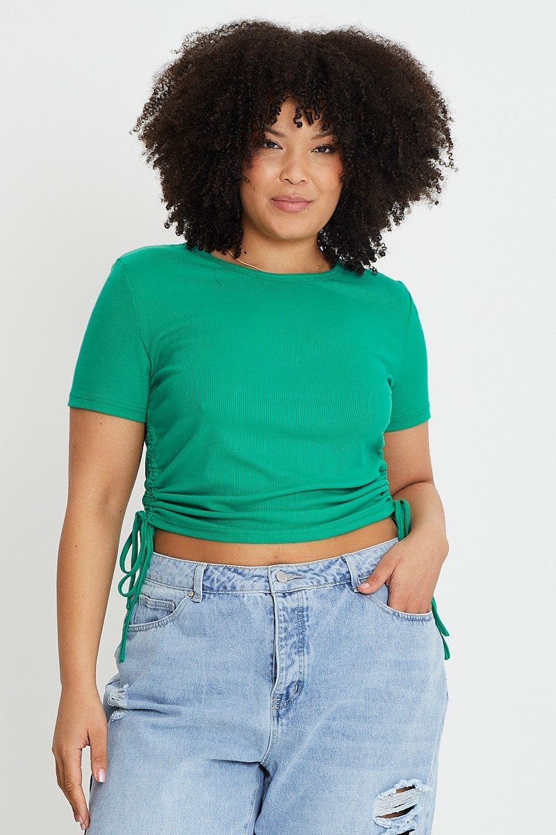 Green Short Sleeve Green Jersey Drawstring Side Top