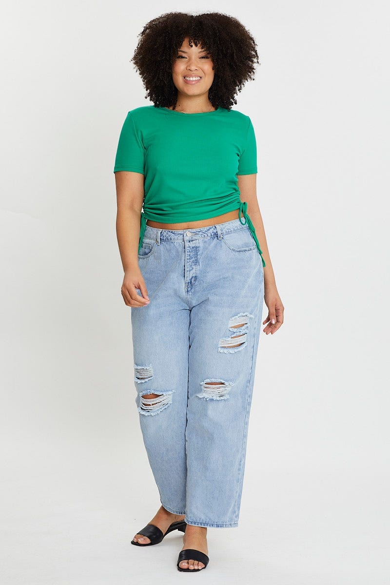 Green Short Sleeve Green Jersey Drawstring Side Top - Image 2