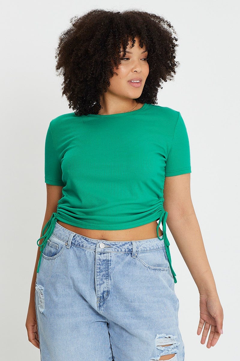 Green Short Sleeve Green Jersey Drawstring Side Top - Image 3