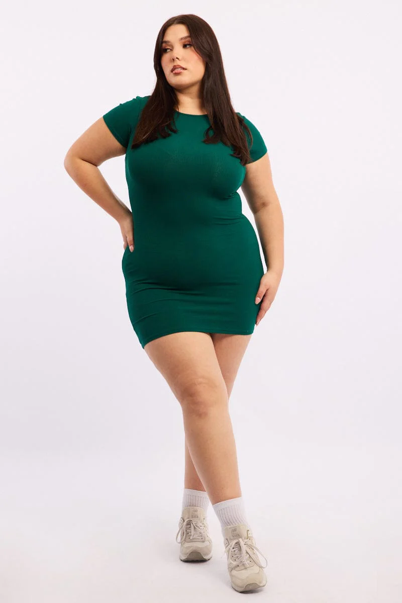 Green Short Sleeve Green Rib Basic Dress - Image 3