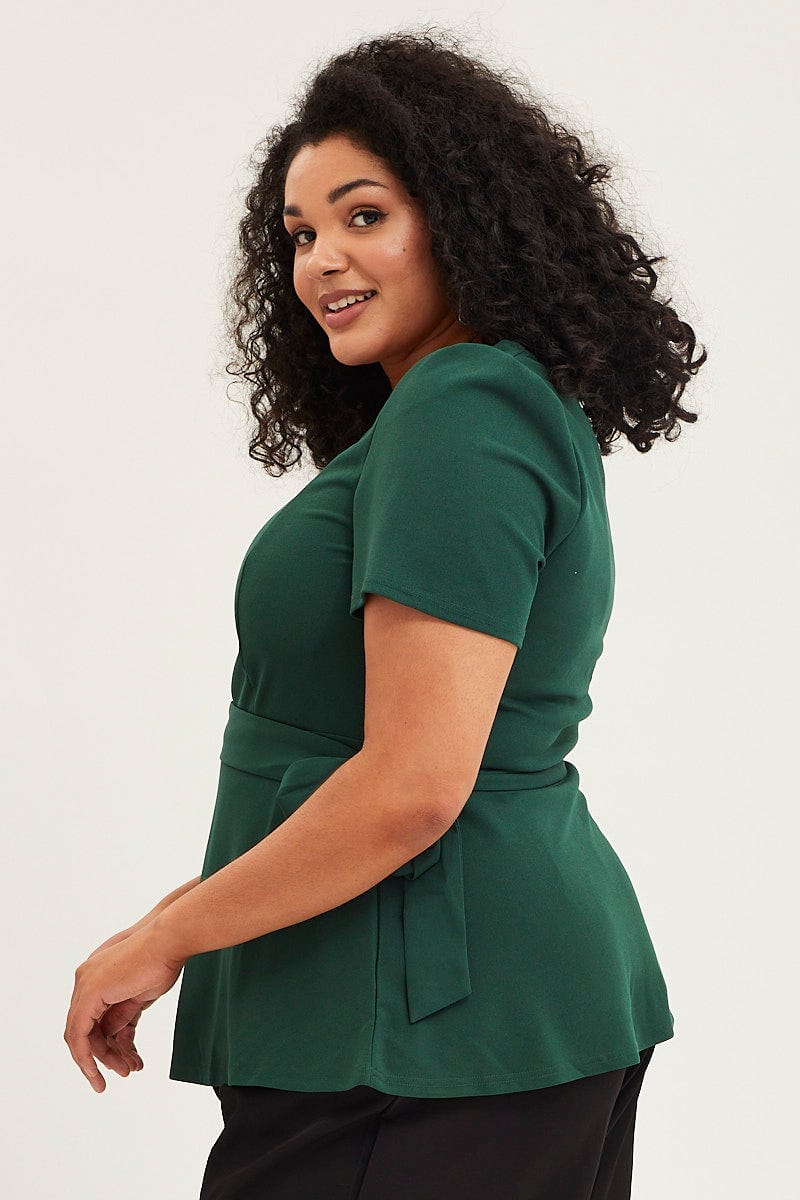 Green Short Sleeve Hunter Green Peplum Top - Image 4