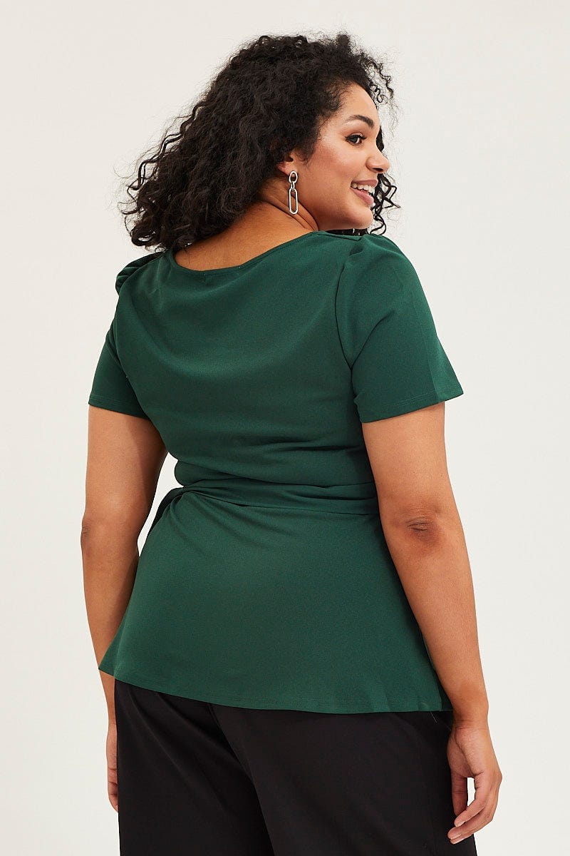 Green Short Sleeve Hunter Green Peplum Top - Image 5