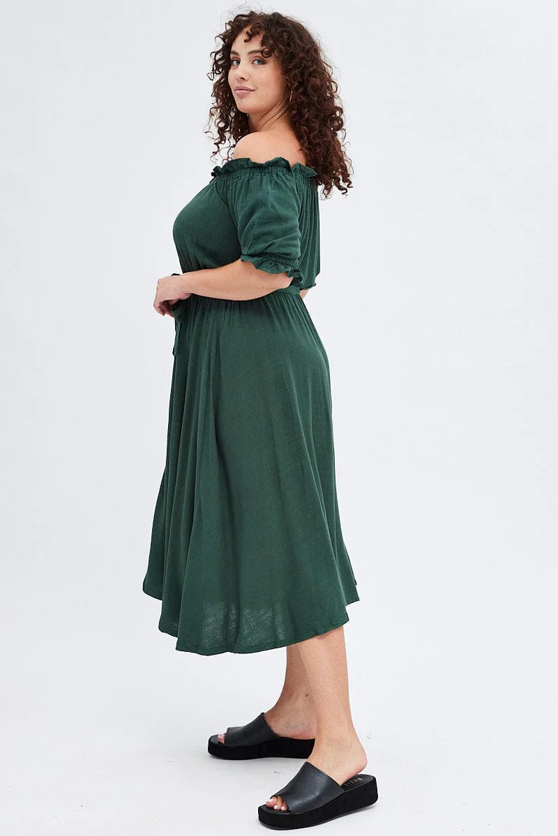 Green Short Sleeve Linen Button Midi Dress - Image 4