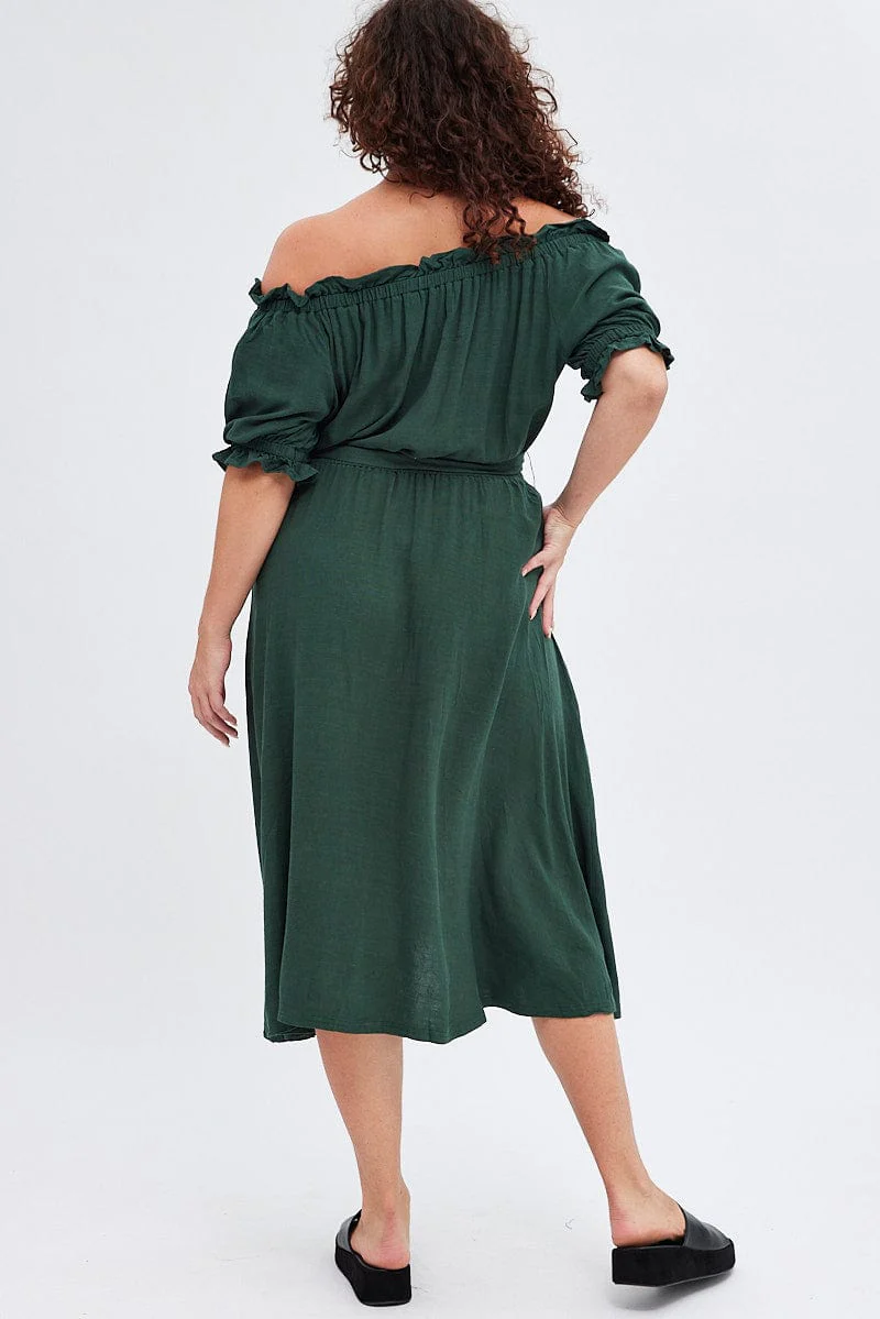 Green Short Sleeve Linen Button Midi Dress - Image 5