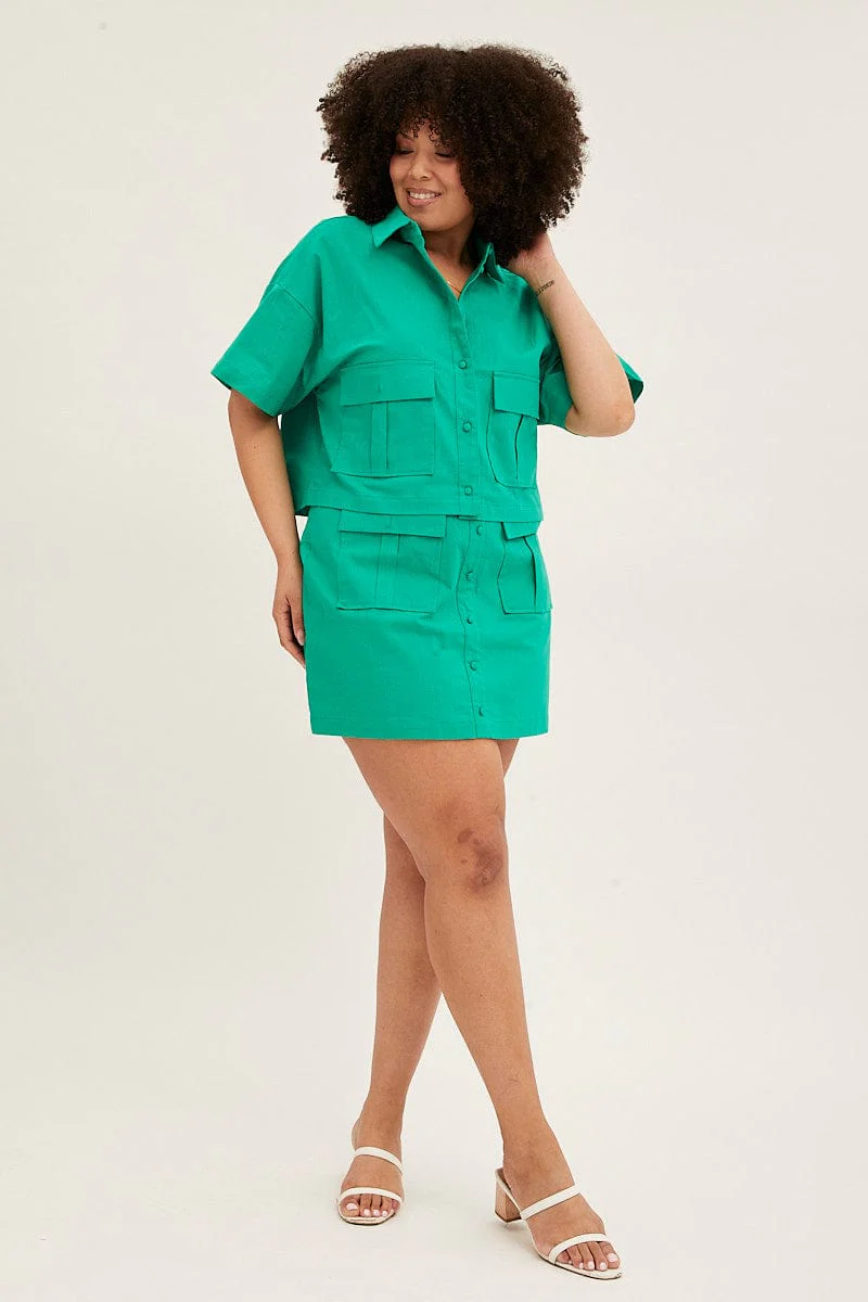 Green Short Sleeve Pocket Crop Shirts - Image 2