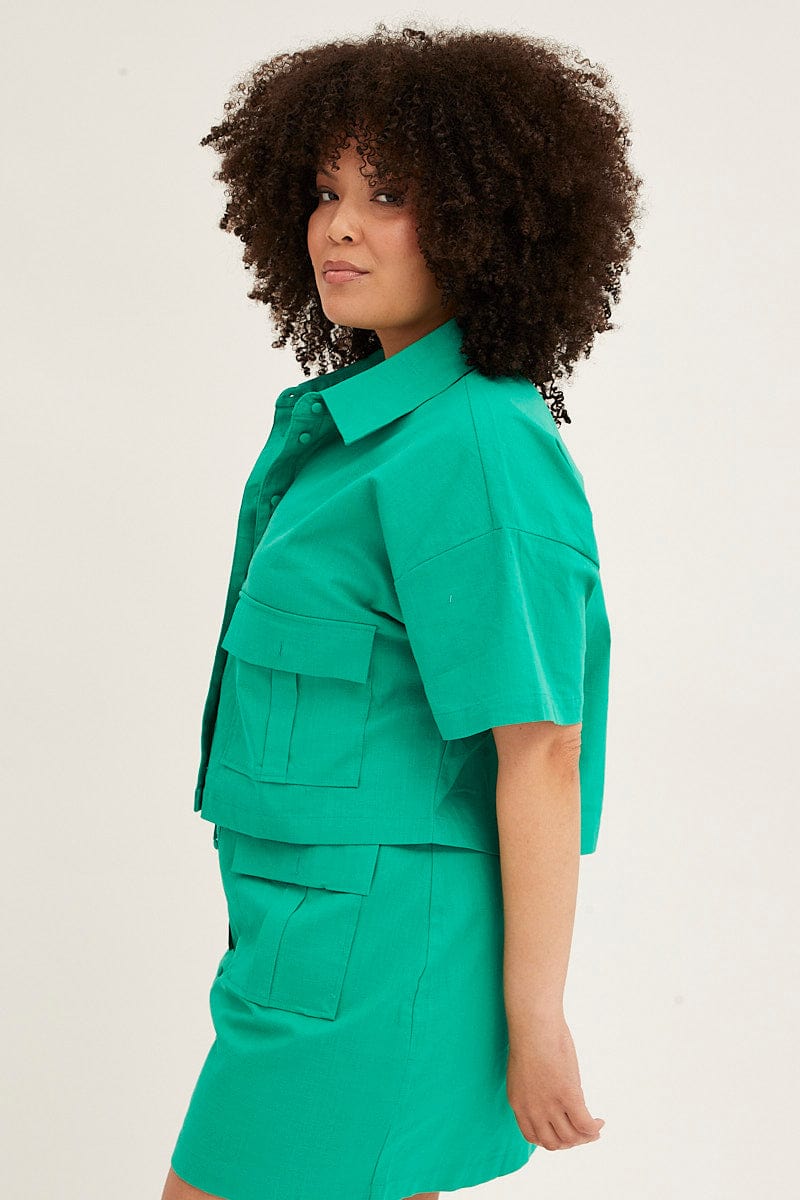 Green Short Sleeve Pocket Crop Shirts - Image 4