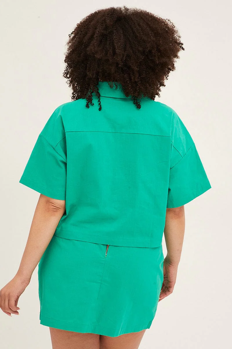 Green Short Sleeve Pocket Crop Shirts - Image 5