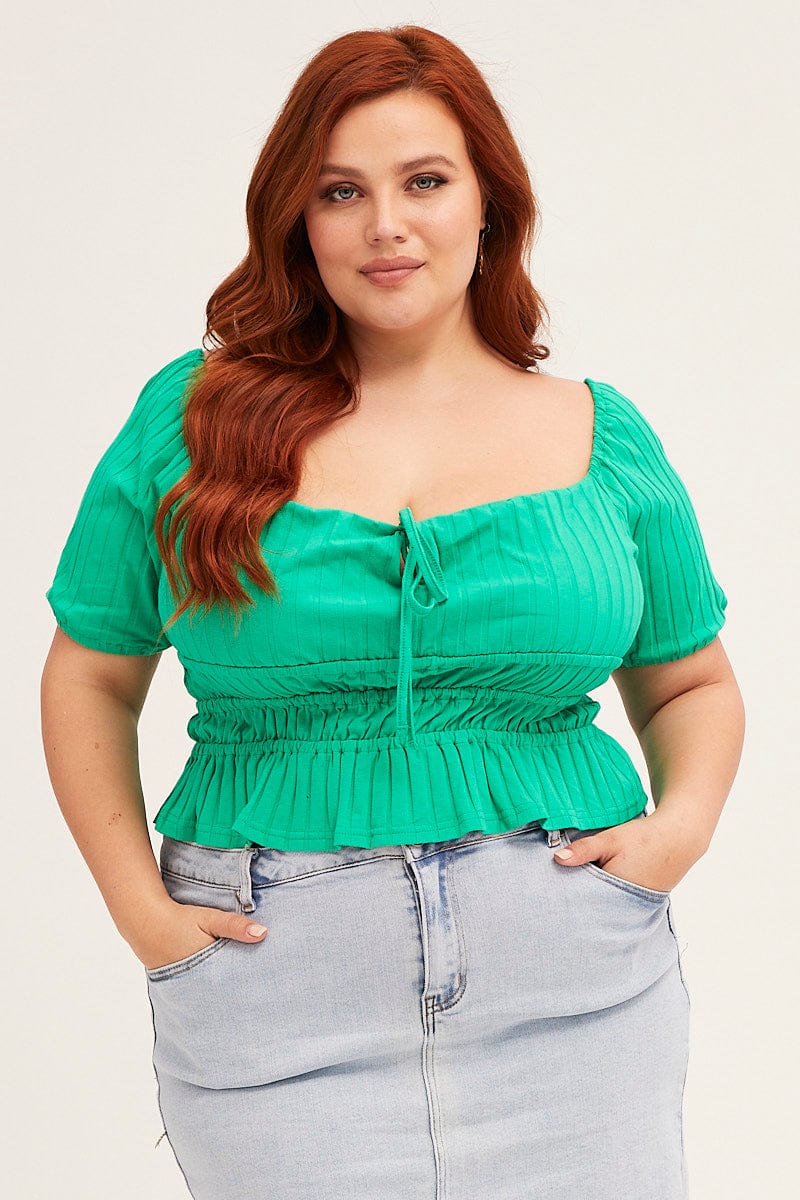 Green Short Sleeve Rib Jersey Peplum Top - Image 3