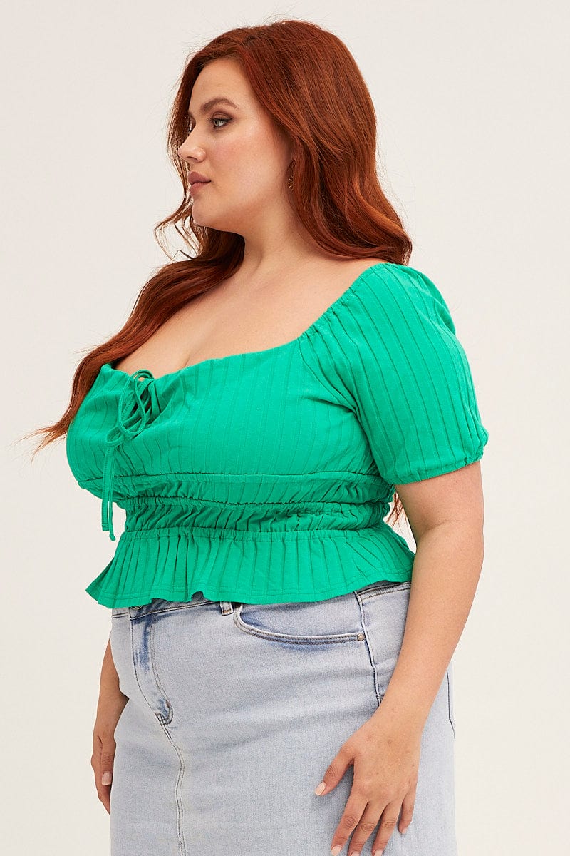 Green Short Sleeve Rib Jersey Peplum Top - Image 4