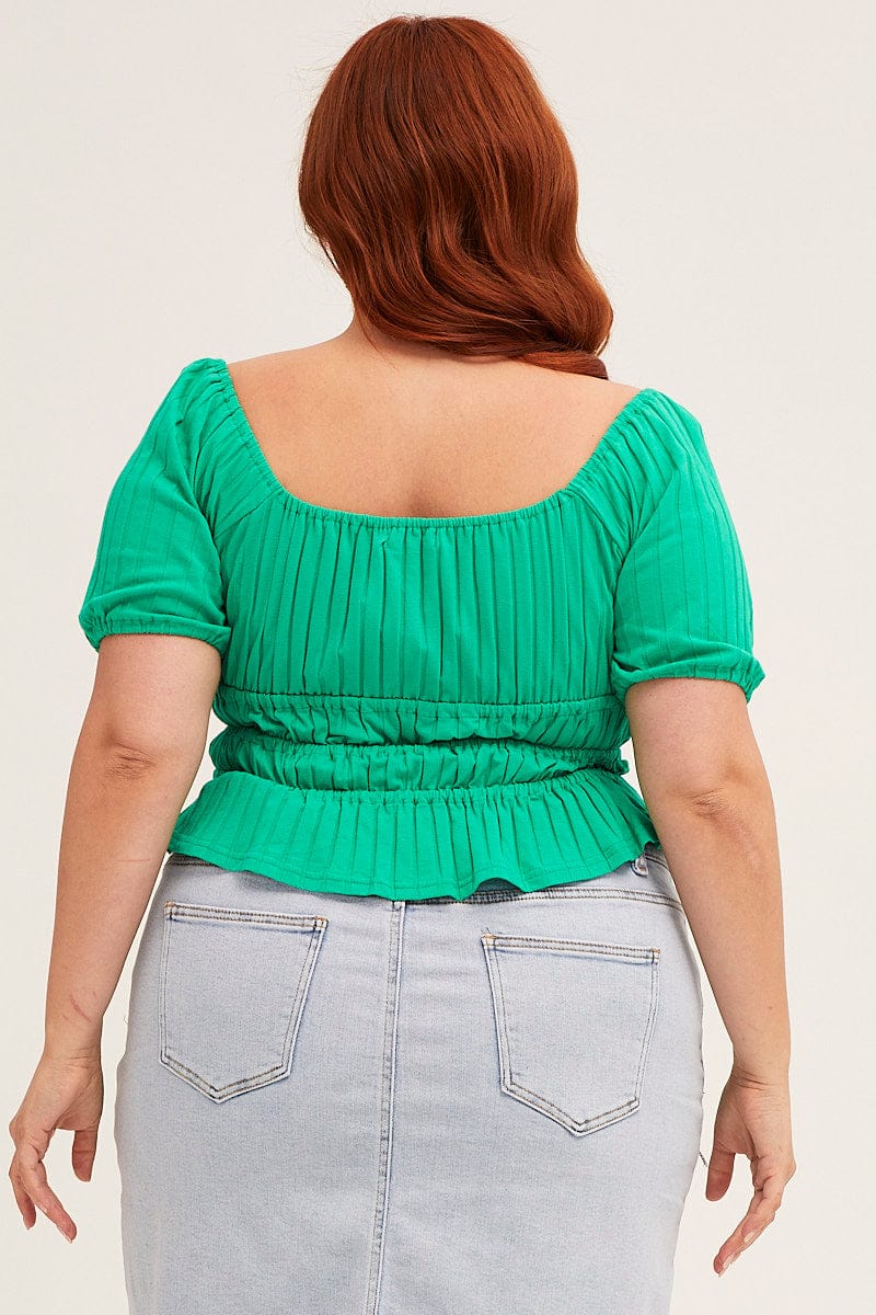 Green Short Sleeve Rib Jersey Peplum Top - Image 5