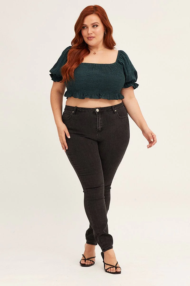 Green Short Sleeve Shirred Crop Top - Image 2