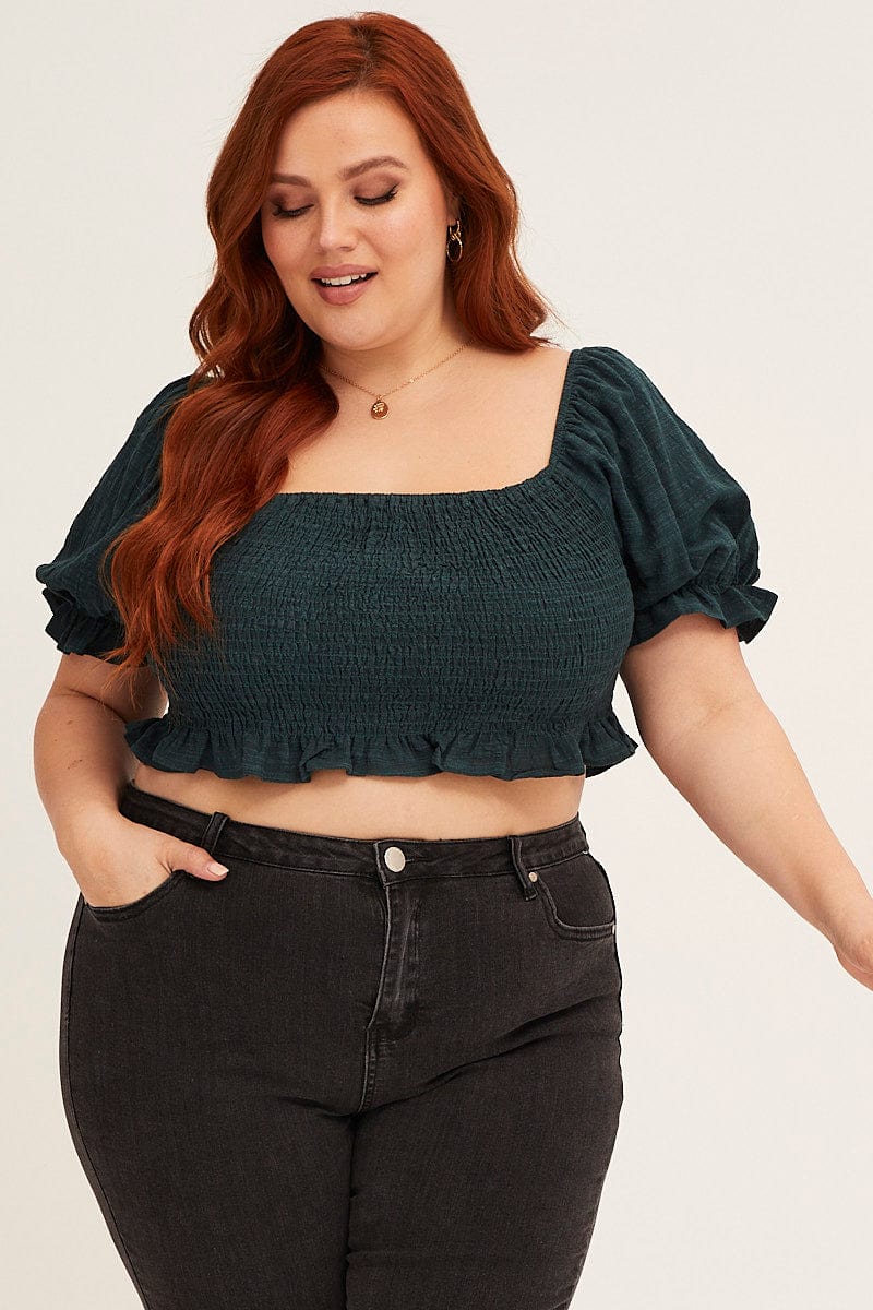 Green Short Sleeve Shirred Crop Top - Image 3