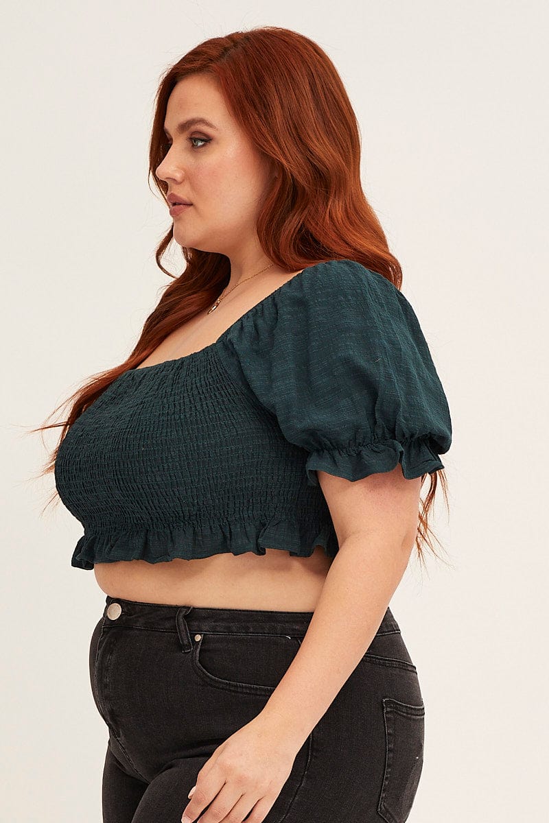 Green Short Sleeve Shirred Crop Top - Image 4