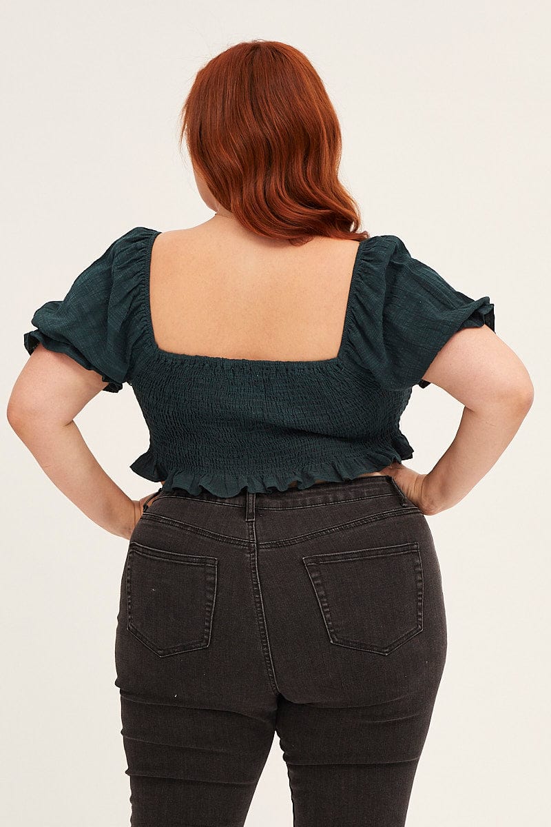 Green Short Sleeve Shirred Crop Top - Image 5