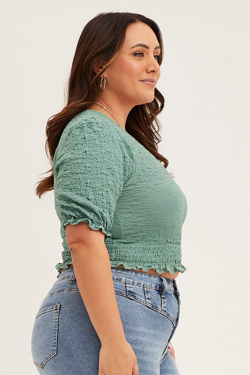 Green Short Sleeve V-neck Green Textured Lace Top - Image 4