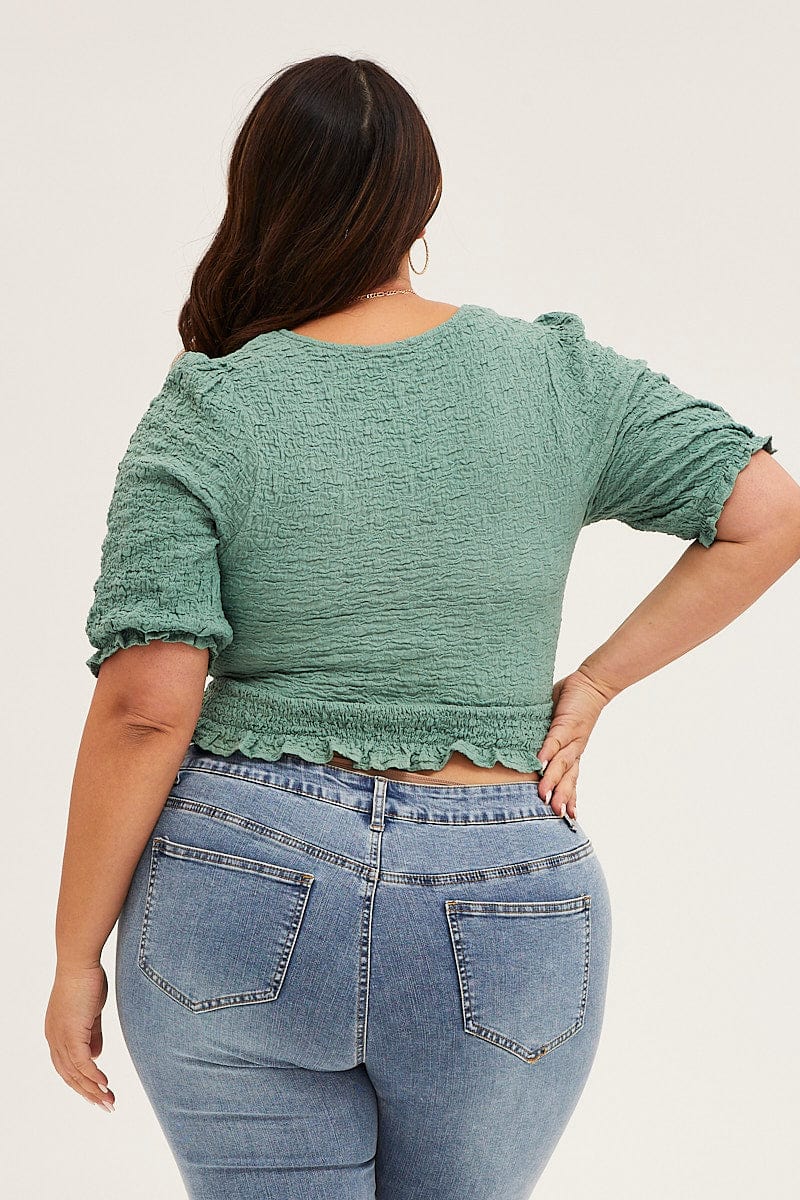 Green Short Sleeve V-neck Green Textured Lace Top - Image 5