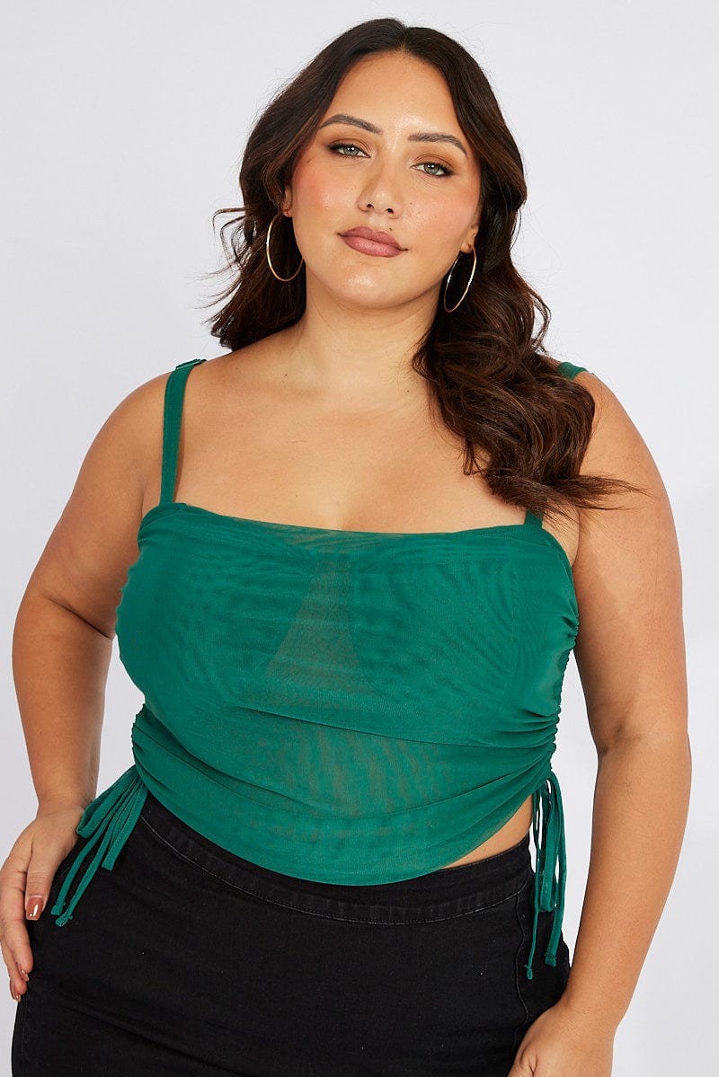 Green Singlet Mesh Top Cowl Neck - Image 2