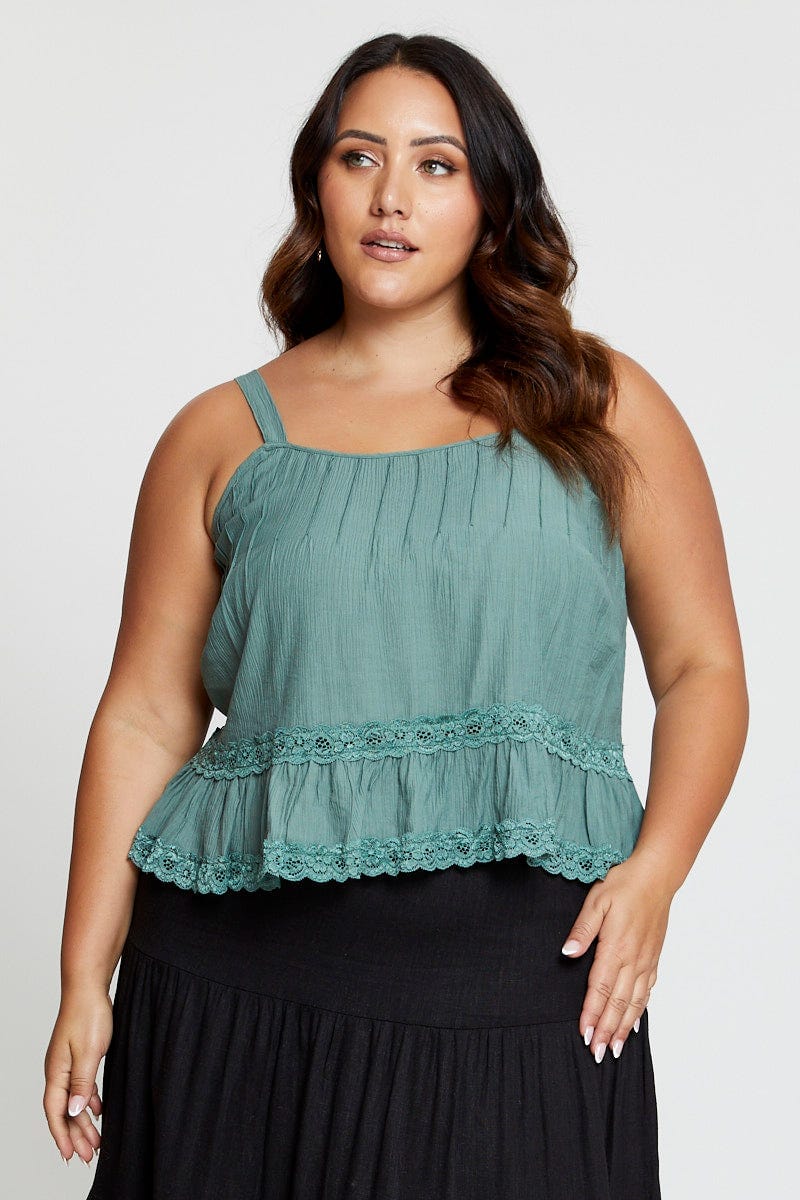 Green Singlet Top Coral Lace Insert Pintuck - Image 3