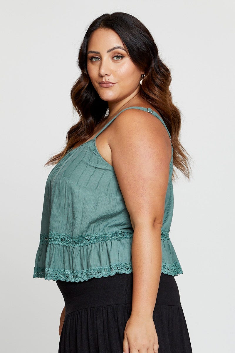 Green Singlet Top Coral Lace Insert Pintuck - Image 4
