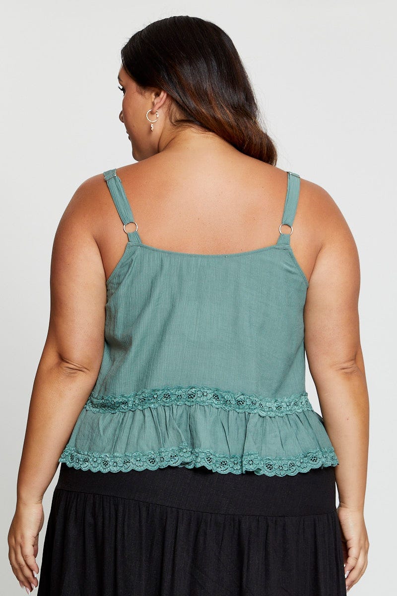 Green Singlet Top Coral Lace Insert Pintuck - Image 5
