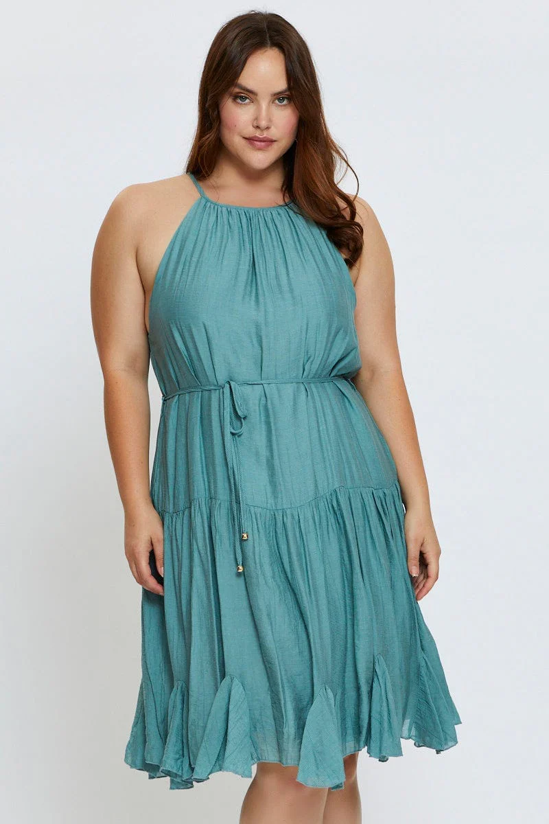 Green Skater Dress Halter Sleeveless Ruffle Hem - Image 3