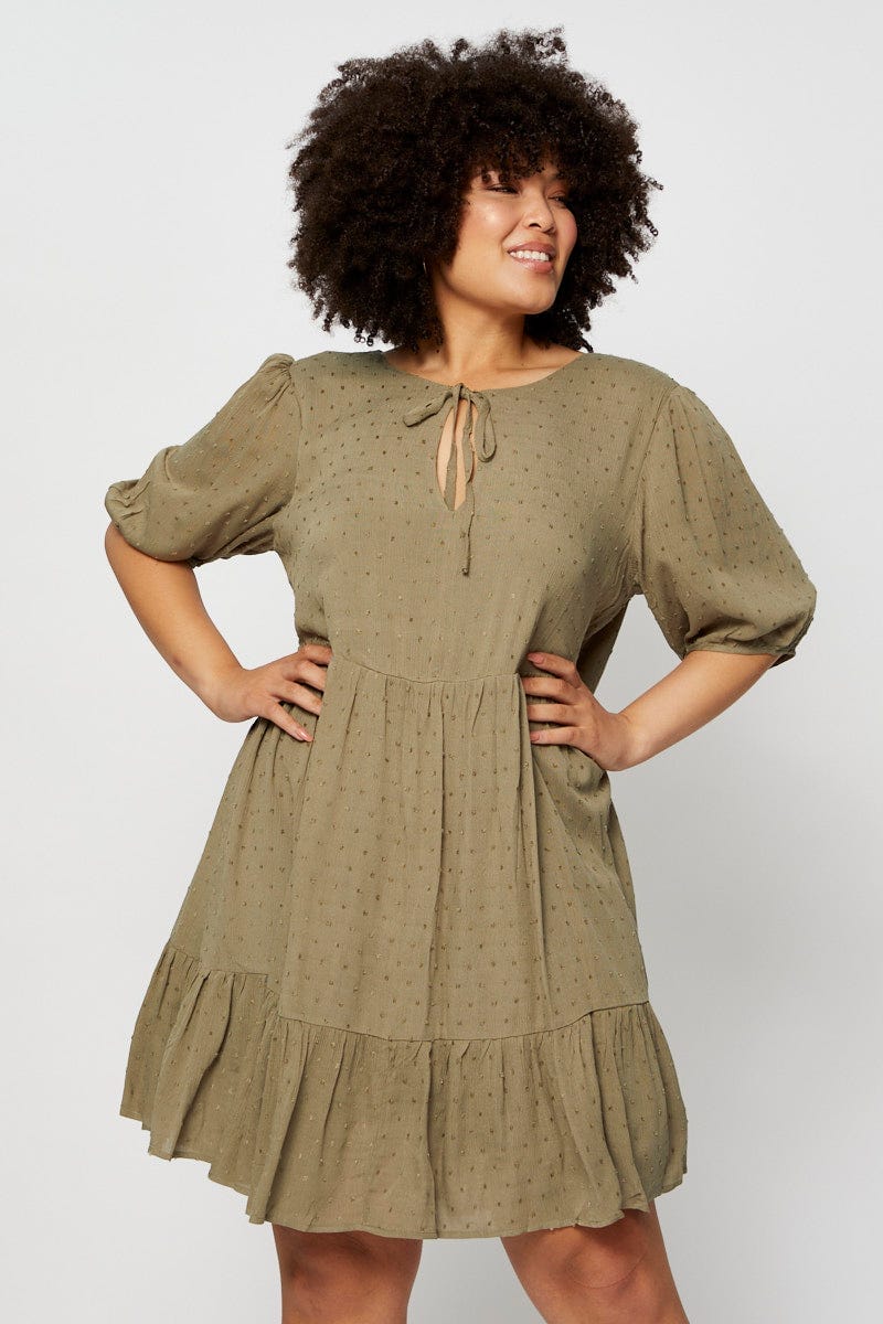 Green Skater Dress Round Neck Short Sleeve Tie Front - Image 3