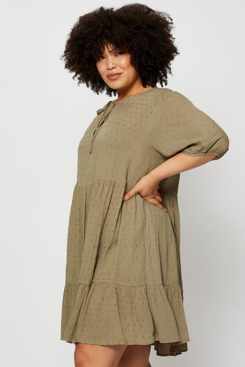 Green Skater Dress Round Neck Short Sleeve Tie Front - Image 4