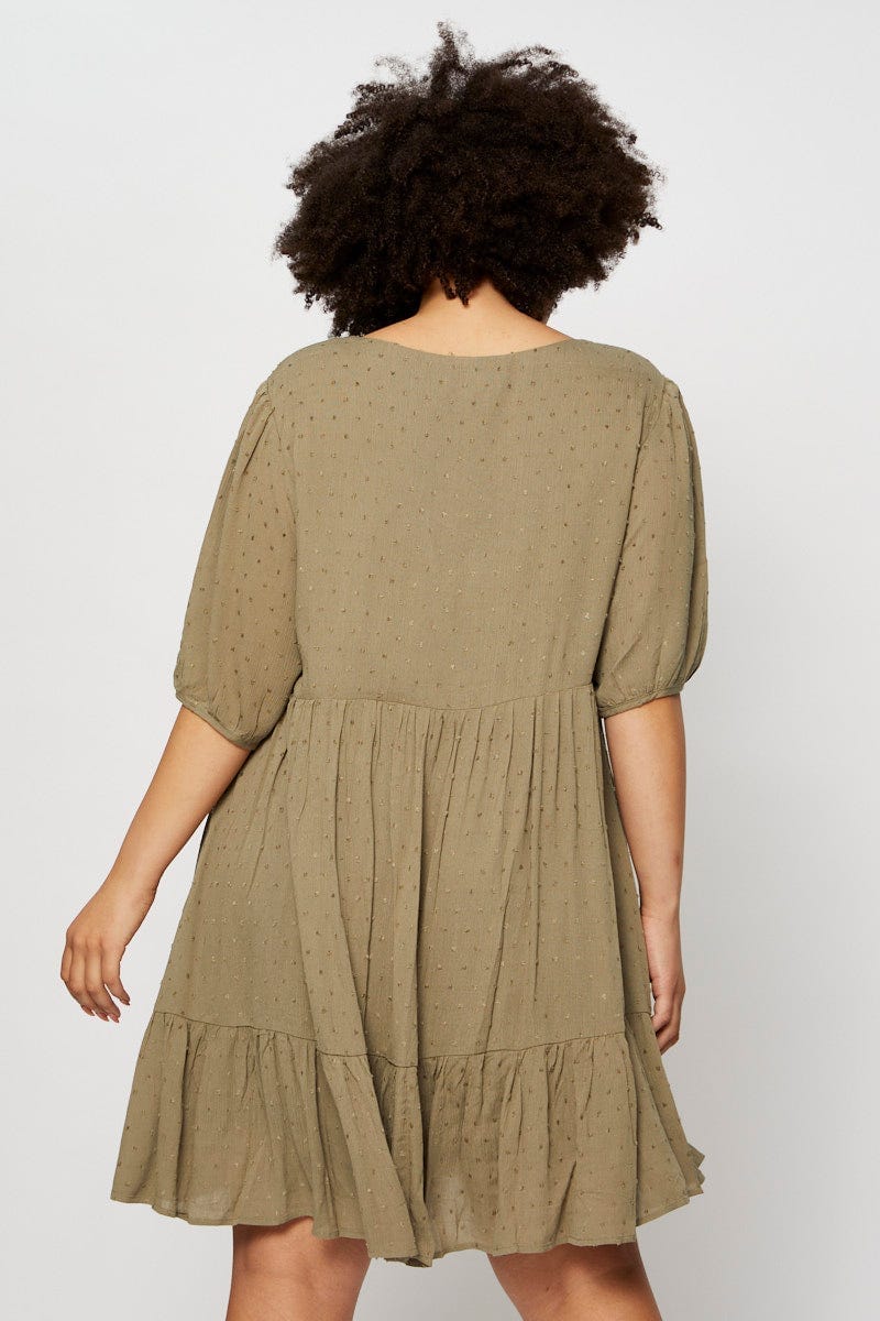 Green Skater Dress Round Neck Short Sleeve Tie Front - Image 5