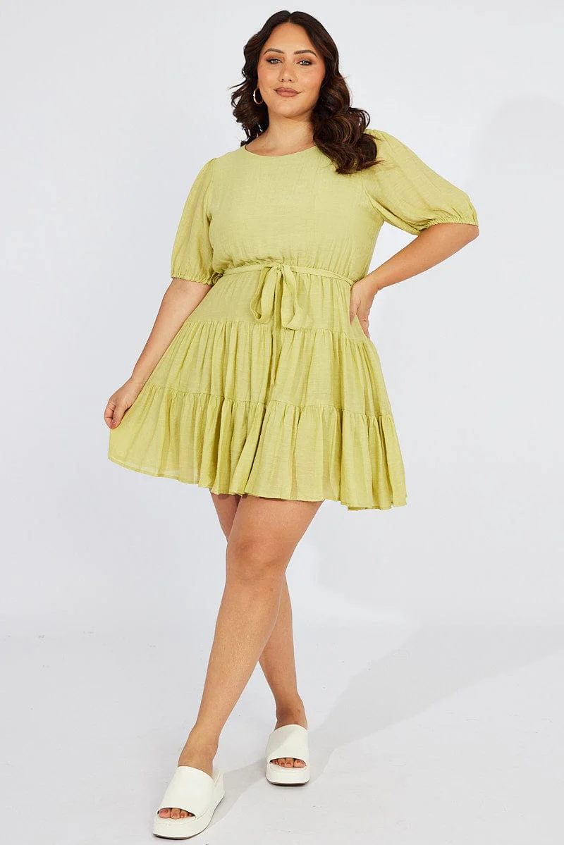 Green Skater Dress Short Puff Sleeve Textured - Image 2
